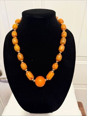 Vintage Amber Tone Speckled Bead Statement Necklace Retro Lucite Acrylic Jewelry